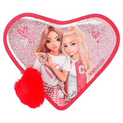 Immagine di Depesche 12260 TOPModel One Love Forma di Cuore in Rosso con Motivo Modella e Glitter, Astuccio matite Colorate, Forbici, Righello ECC, Colore Rosa