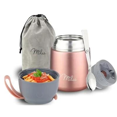 Immagine di Milu Thermo per Alimenti 450 ml Contenitore Termico di Acciaio Inossidabile, Isotermico Sottovuoto Cibi Caldi e Freddi (Oro rosa, 450ml)