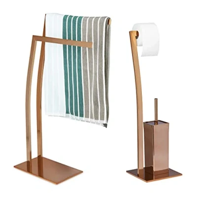 Immagine di 2 Elementi, Set da Bagno, Portasciugamani a Braccia, Portarotolo, Portascopini, in Acciaio Inox, Look Moderno, Rame