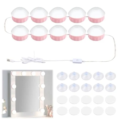 Immagine di Jinlaili Dimmerabili Luci da Specchio, 10 Lampadine Specchio a LED in Stile Hollywoodiano, 3 Colore Lampade Toeletta, Lampada Trucco, per Trucco Cosmetico (Rosa)
