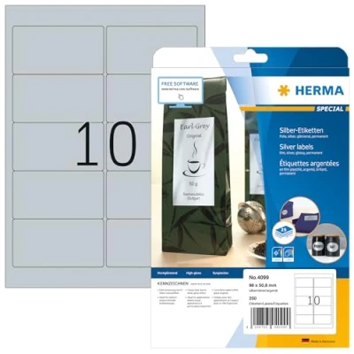 Immagine di HERMA Etichette per Marcatura, 96 x 50,8 mm, Adesive A4 Stampante, 10 Foglio, Argento