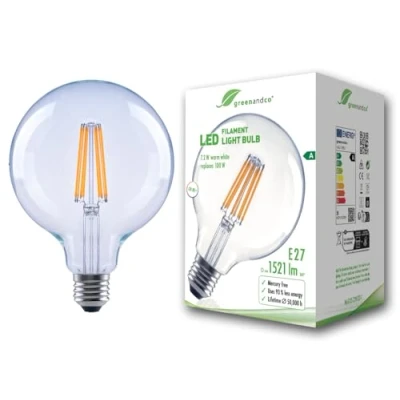 Immagine di greenandco Lampadina A filamento LED trasparente E27 G125 7,2 W 1521 lm sostituisce 100 3000 K bianco caldo 320 230 V senza sfarfallio Classe energetica non dimmerabile
