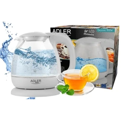 Immagine di adler AD 1238 Bollitore Elettrico in Vetro, Piccolo, 1 l, 1100 W, Illuminazione a LED, Liter, Bianco