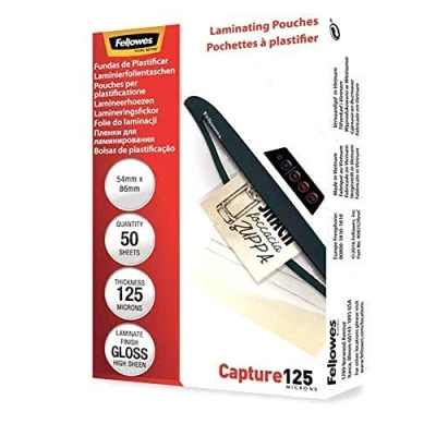 Immagine di Fellowes Pouches per plastificazione documenti, formato 54 x 86mm, Finitura lucida,confezione da 50 pezzi, 250 micron, 2x125 di alta qualità, adatti documenti piccolo