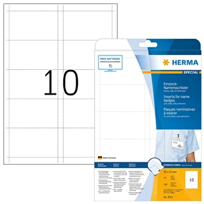 Immagine di HERMA 9011 targhette perforate per abbigliamento, 25 fogli, 90 x 54 mm, 10 pezzi foglio A4, 250 adesivi, autoadesivi, stampabili, cartoncini in cartone non bianchi