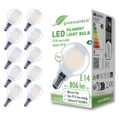 Immagine di greenandco 10 lampadine A filamento LED smerigliate E14 G45 3,8 W 806 lm sostituisce 60 2700 K bianco caldo 320 230 V senza sfarfallio Classe energetica non dimmerabile