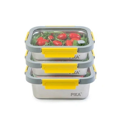 Immagine di PIKA Set di 3 contenitori per alimenti in acciaio inox e coperchio vetro temperato Ermetico leggero Compatibile con microonde, forno, congelatore MetalShock