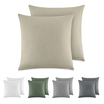 Immagine di Dreamzie Federe Cuscino Letto Cotone 80x80 cm, Set di 2, 100% Lavato, Copricuscino Beige con Cerniera, Federa Certificata Oeko Tex