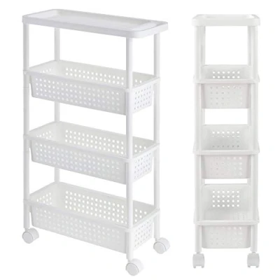 Immagine di [en.casa] Scaffale portaoggetti con Ruote 100 x 22 48 cm Bianco carello da Bagno o Cucina