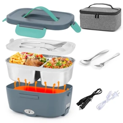 Immagine di WolinTek Porta Pranzo Riscaldabile, Scaldavivande Elettrico Portatile 3 in 1 12V/24V/220V, Contenitore Riscaldante Cibo 1.5L, 75W, Adatto per Auto, Camion, Ufficio e Campeggio