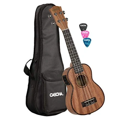 Immagine di CASCHA Mogano Soprano Ukulele Set Pickup I Starter Kit 3 Plettri Tasca Accordatore Integrato Aquila Corde Nylon Piccola Chitarra Hawaii per Principianti Avanzati