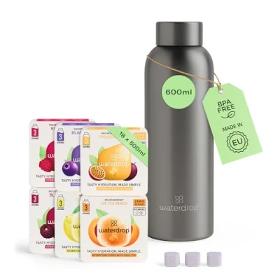 Immagine di waterdrop® Set Scoperta acciaio Borraccia termica 600ml + 18 microdrink waterdrop cubetti per acqua Pacchetto di prova 6 gusti aromatizzanti senza zuccheri Bottiglia in inox