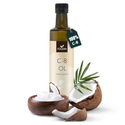 Immagine di FOODIN MCT Oil C8, 500 ml di olio cocco, ideale per la dieta chetogenica, chetoni da bere, 3 volte più (100% C8), cocco liquido e non aromatizzato (1x500 ml)