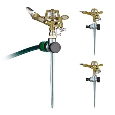 Immagine di Relaxdays Irrigatore ad Impulsi con Picchetto, Set da 3, Spruzzatore per Prati, 360, Getto 15 m, Sprinkler, Dorato, 29 x 11 6 cm