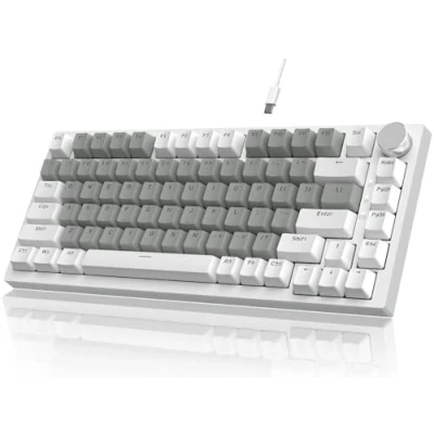 Immagine di YINDIAO Ajazz AK820 Tastiera Meccanica con Manopola,Layout ANSI 75%,Tastiera da Gioco Cablata 81 Tasti,5 Schiuma Fonoassorbente,Hot swap,Interruttore Lineare,Luce Bianca,per PC,MAC (Bianco &amp; Grigio)
