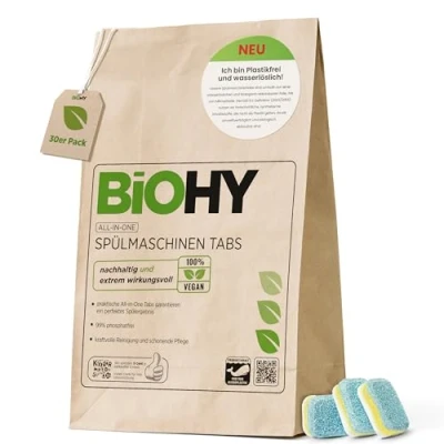Immagine di BiOHY pastiglie per lavastoviglie all in one (30 schede), senza fosfati, la pulizia quotidiana di stoviglie e posate, contro i residui grasso cibo più ostinati, potenti