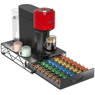 Immagine di HFHOME Nespresso Vertuoline, porta cialde in metallo per 50 capsule Vertuo e Dolce Gusto, organizer cassetto supporto macchina da caffè
