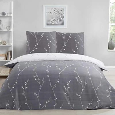 Immagine di Sleepdown Willow Set copripiumino reversibile con stampa floreale, colore: grigio, ultra morbido, facile da pulire, ipoallergenico, 200 x cm + 2 federe 80
