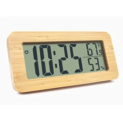 Immagine di orologio da comodino, sveglia a batteria, digitale con indicatore di temperatura e umidità, grande display, marrone, LED senza ticchettio, per studio ufficio
