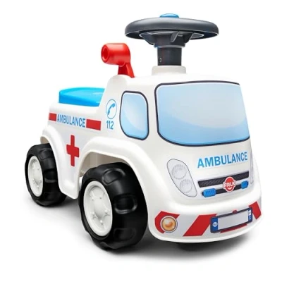 Immagine di Falk Portatore Ambulance Dès 12 Mesi Made in Francia Volante direzionale con corno a leva effetto sonore baule di stoccaggio targa personalizzabile 701, 701