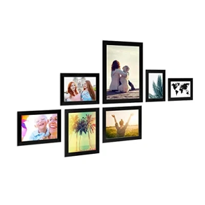 Immagine di PHOTOLINI Set di 7 cornici nero legno MDF, larghe, moderne, plexiglass infrangibile, da tavolo o parete, accessori extra per una parete dal look raffinato