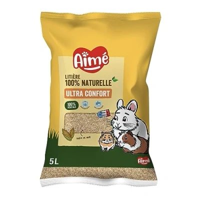 Immagine di Aimé Lettiera vegetale per Animali di Piccola Taglia Coniglio Nano, Criceto, Topi, porcellini d&#039;India Biodegradabile e Assorbente, a Base Mais Fino 3 Settimane utilizzo