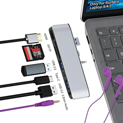Immagine di Docking Station per Surface Laptop 5 /Laptop 4 3, Hub con 4K HDMI, USB 3.0 * 2, Tipo C 2.0, Slot SD/TF, Porta Audio 3.5mm, Adattatore