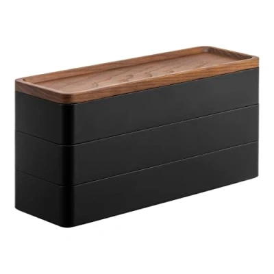 Immagine di YAMAZAKI 5810 RIN Custodia per accessori sottile a 3 livelli con coperchio, nero, Resina ABS/Legno, minimalista, 24 x 8 11.5 cm