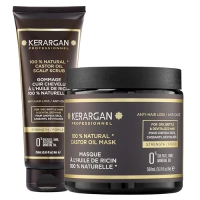 Immagine di Kerargan Duo Anti Caduta Maschera e Scrub all&#039;Olio di Ricino Per Capelli Secchi, Fragili Devitalizzati Rinforza Favorisce la Crescita Senza Solfati, OGM Siliconi 500ml + 250ml