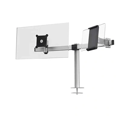 Immagine di Durable Braccio porta Monitor Pro per 1 da 21 27 e Tablet 7 13, Perno Foro Passacavo, Ruotabile di 360, Inclinabile, Regolabile in Altezza, Argento