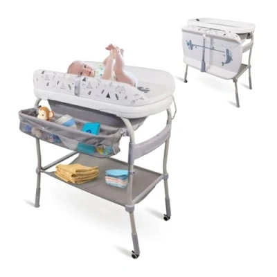 Immagine di Mobiclinic® Kids, Fasciatoio con Vaschetta Bagnetto 2 in 1, Trendy, Regolabile 4 altezze, Termometro, Ruote freno, Cestini Portaoggetti, Fino a 50 kg, Tubo di Drenaggio, 0 36 Mesi