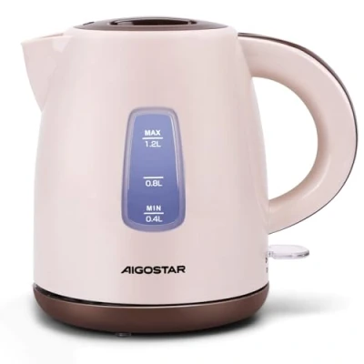 Immagine di Aigostar Romeo X Bollitore Elettrico Piccolo 1,2 Litri, 2200 Watt, Portatile Acqua con Filtro Anticalcare, Indicatore a Doppio Livello Kettle, Senza BPA, Base 360, Marrone