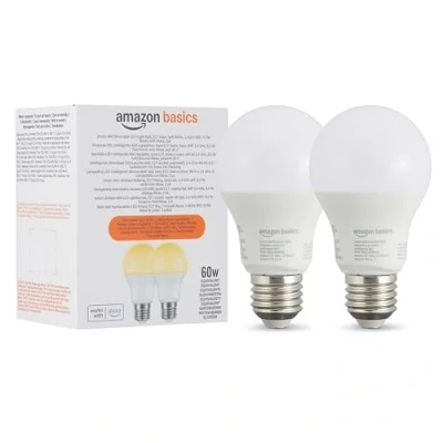 Immagine di Amazon Basics Lampadina LED intelligente A60, dimmerabile, attacco E27, bianco caldo, WiFi da 2,4 GHz, 8.5 W, compatibile solo con Alexa, 2 confezioni