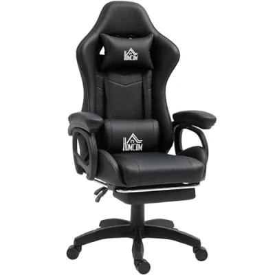 Immagine di HOMCOM Sedia da Gaming Massaggiante con Poggiapiedi, Poltrona Ergonomica Reclinabile Altezza Regolabile, Supporto Lombare, Poggiatesta Regolabile e Telecomando, in Finta Pelle, Nero