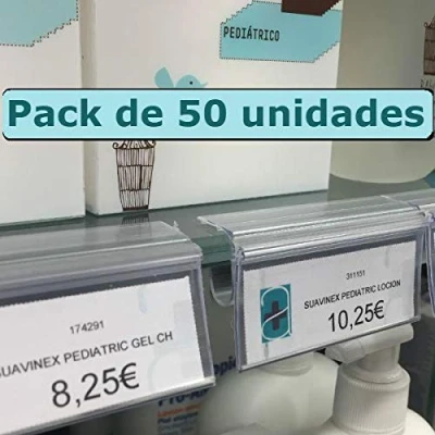 Immagine di Kit 50 portaprezzi per ripiano in vetro. Etichette prezzo 30x65 mm. trasparenti, negozi, cartelli portaprezzi, scaffali, portaetichette
