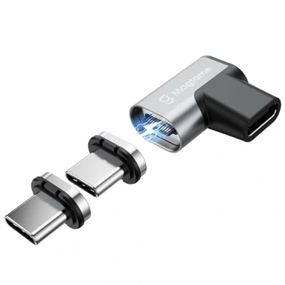 Immagine di Magtame adattatore magnetico USB C 90 gradi da 240 W, 1 ad angolo retto tipo con 2 suggerimenti, 24 pin ricarica rapida 40 Gbps 4 K 60 Hz per 3/4 MacOS Pro/Air Laptop Tablet i phone