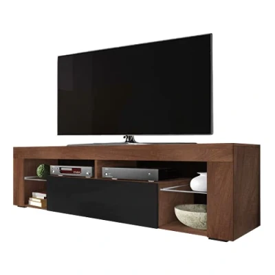 Immagine di Selsey HUGO Mobile TV/Tavolino TV/Ripiani in Vetro / 140cm Colore Noce con Nero Lucido