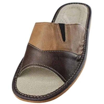 Immagine di APREGGIO Ciabatte Estive da Uomo in Pelle Liscia Pantofole Casa Punta Aperta Slip On Suola Piatta Leggere Marrone Taglia 40 EU