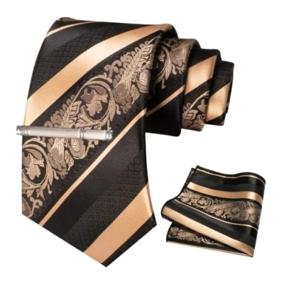 Immagine di JEMYGINS Cravatta Uomo Oro in Seta Ricamo Classico di Petali a Strisce Multicolore con Fazzoletto e Fermacravatta