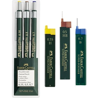 Immagine di Faber Castell 13603set di 3 matite meccaniche TK FINE 9760, Spessore Mina: 0,35 mm; 0,5 mm + 0,7 mm, Colore Asta: Verde Pacchetto Ecologico con ricariche sostitutive H HB B