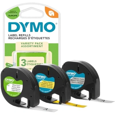Immagine di DYMO 91241 Cassetta nastro Kit da 3 Colore Nastro: Giallo Hyper, Argento, Bianco carattere: Nero 12 mm 4 m