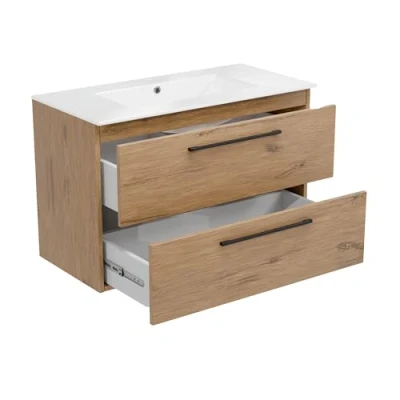 Immagine di paplinskioebel Girona mobile bagno con due cassetti, vari colori + lavabo, lunghezza 80 cm, mobili bagno, sospeso, alta qualità (Lavabo in ceramica, Rovere)