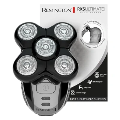 Immagine di Remington Rasoio Testa Calva Uomo Lama a doppia traccia flessibili testine Rotanti al litio, 5 di rasatura, Raccolta peli, Rifinitore, Elettrico RX5 XR1501