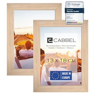 Immagine di CABBEL confezione doppia (set di 2) cornice 13x18 cm, naturale, robusta in legno MDF, plexiglass infrangibile, da appendere e appoggio, ideale per foto/immagini/collage