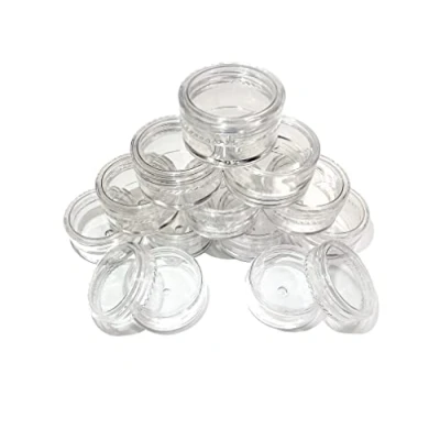 Immagine di 12 piccoli vasetti rotondi da viaggio in plastica vuoti 5 ml con coperchi, mini contenitori cosmetici trasparenti per creme, lozioni, ombretti, trucco, glitter