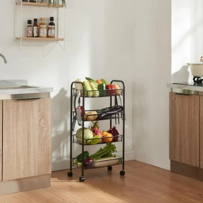 Immagine di [en.casa] Carrello Portatutto da Stoccaggio Organizzatore con 4 Cestelli e Ganci Mobile Multiuso in Acciaio a Rotelle per Cucina Ufficio Bagno Nero