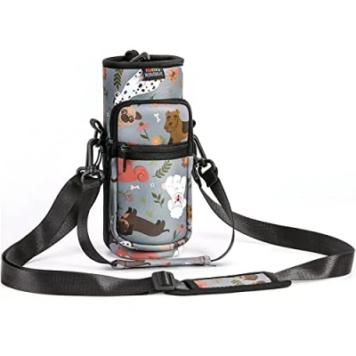 Immagine di Nuovoware Borsa per Borraccia in Neoprene da 25oz/710ml, Custodia Bottiglia con Tracolla Regolabile Maniglia e 2 Tasche Portatile Porta Ciclismo, Campeggio, Cucciolo Grigio