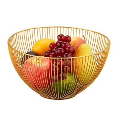 Immagine di Relaxdays Centrotavola Portafrutta in Ferro, HxD: 14 x 25 cm, Cestino Porta Frutta e Verdura, Design Moderno, Dorato