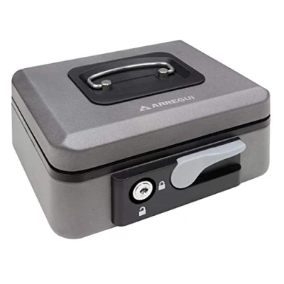 Immagine di ARREGUI Popup C9726 Cassetta di sicurezza con chiave e pulsante per contare trasportare denaro Portavalori in acciaio vassoio Portamonete Cassaforte portatile larghezza 20cm Grigio