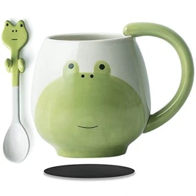 Immagine di Arawat Funny Mug tazza da caffè carina di rana grande tè in ceramica con cucchiaio e sottobicchiere 420 ml divertente espresso